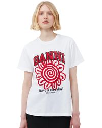 Ganni - Short Sleeve Relaxed Red Flower T-shirt - Lyst