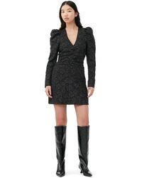 Ganni - Robe Black Jacquard V-neck Mini Taille 38 Polyestere/Polyestere Recyclé Manches longues - Lyst