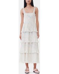 Ganni - Floral Printed Pleated Georgette Strap Smock Midi Dress - Lyst
