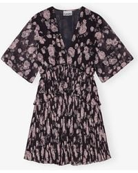 Ganni - Bedrucktes, Plissiertes Georgette Mini-Kleid Mit Blumenmuster - Lyst