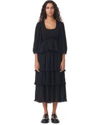 Ganni - Robe Black Pleated Georgette Flounce Smock Midi Taille 32 Polyestere Recyclé - Lyst