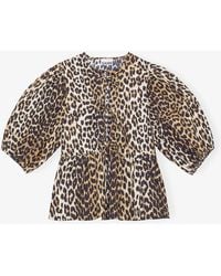 Ganni - Leopard Cotton Poplin Peplum Tie Blouse - Lyst