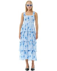 Ganni - Robe Blue Pleated Georgette Flounce Smock Taille 34 Polyestere Recyclé - Lyst