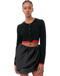 Ganni - Cardigan Black O-neck Cropped Taille L Cachemire/Laine Mérinos Manches longues - Lyst