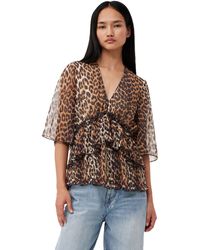 Ganni - Leopard Pleated Georgette V-neck Flounce Bluse - Lyst