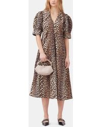Ganni - Leopard Cotton Poplin V-Neck Maxi Dress - Lyst