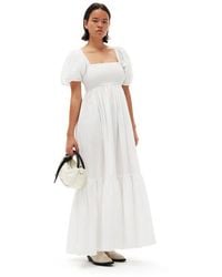 Ganni - Robe Longue À Smocks En Popeline De Coton En Taille Manches Courtes - Lyst