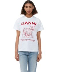 Ganni - Short Sleeve Future White Jersey Relaxed Embroidered T-shirt - Lyst