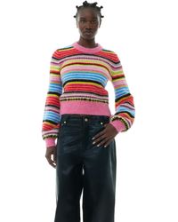 Ganni - Striped Soft Wool O-neck Pullover - Lyst