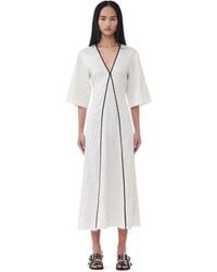 Ganni - White Polka Dot Crinkled Satin V-neck Long Dress Size 4 Elastane/polyester - Lyst