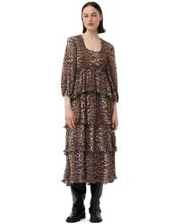 Ganni - Almond Milk 3/4 Sleeve Leopard Pleated Georgette Flounce Smock Midi Dress Size 4 Recycled Polyester - Lyst