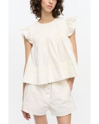 Ganni - Stretch Cotton Frill Sleeve Top - Lyst