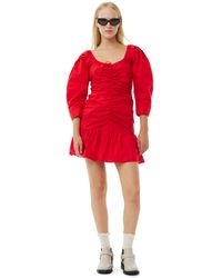 Ganni - Red Cotton Poplin Gathered U-neck Mini Dress - Lyst