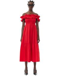 Ganni - Red Cotton Poplin Long Smock Dress - Lyst