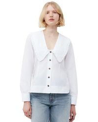 Ganni - Long Sleeve Cotton Poplin V-neck Frill Collar Shirt - Lyst