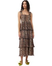 Ganni - Almond Milk Leopard Pleated Georgette Flounce Smock Midi Dress Size 4 Recycled Polyester - Lyst