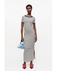 Ganni - Striped Soft Cotton Rib Short Sleeve Dress - Lyst