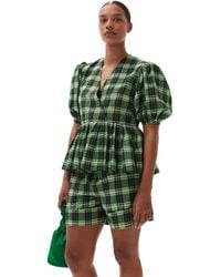 Ganni - Balloon Sleeve Green Seersucker Check Wrap Blouse - Lyst