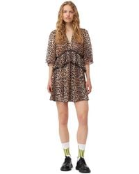 Ganni - Almond Milk Leopard Pleated Georgette V-neck Flounce Mini Dress Size 4 Recycled Polyester - Lyst