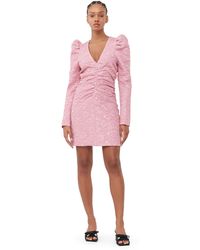 Ganni - Orchid Smoke Long Sleeve Pink Jacquard V-neck Mini Dress Size 4 Recycled Polyester - Lyst