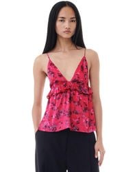 Ganni - Red Floral Printed Satin Strap Top - Lyst