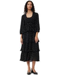 Ganni - Robe Black Pleated Georgette Flounce Smock Midi Taille 40 Polyestere Recyclé 3/4 Sleeve - Lyst