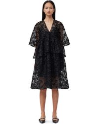 Ganni - Black Ribbon Tulle Flounce Midi Dress Size 4 Recycled Polyester - Lyst