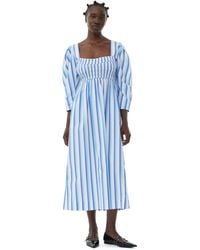 Ganni - Blue Striped Cotton Smock Long Kleid - Lyst