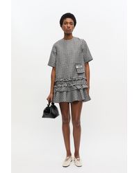 Ganni Crinkled Taffeta Check Open Back Mini Dress in Black