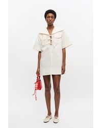 Ganni - Mini Robe En Coton Extensible Blanc Cassé En Taille - Lyst