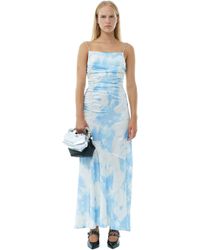 Ganni - Blue Printed Satin Ruched Long Slip Kleid - Lyst