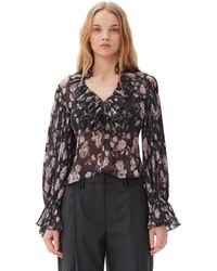 Ganni - Floral Printed Pleated Georgette Blouse - Lyst