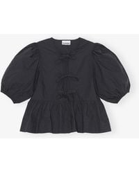 Ganni - Cotton Poplin Peplum Tie Blouse - Lyst