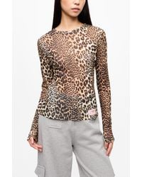 Ganni - Leopard Printed Mesh Long Sleeve Blouse Polyester - Lyst