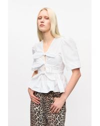 Ganni - Weiß Gewaschene Bluse Mit Bindebändern - Lyst