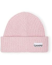 Ganni - Light Pink Fitted Rib Knit Wool Beanie - Lyst