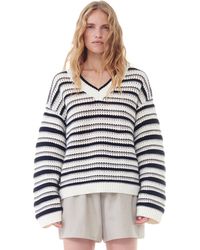 Ganni - Striped Cotton V-neck Pullover - Lyst