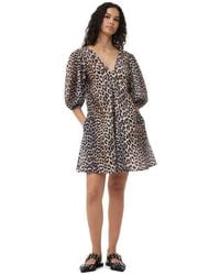 Ganni - Robe Courte En Soie À Col En V En Mixed Taille Coton/Soie Manches Courtes - Lyst