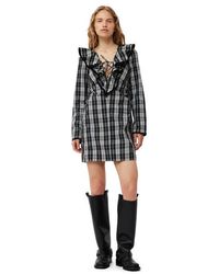 Ganni - Black Checkered Cotton Ruffle V-neck Mini Dress Size 4 - Lyst