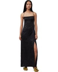 Ganni - Black Crinkled Satin Midi Slip Dress Size 4 Elastane/polyester - Lyst