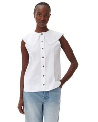 Ganni - Cotton Poplin Sleeveless Frill Collar Shirt - Lyst