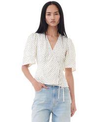 Ganni - White Dotted Crinkled Satin Wrap Blouse - Lyst
