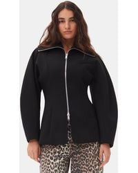Ganni - Blouson Noir En Crêpe Contrecollé À Manches Incurvées - Lyst