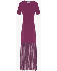 Ganni - Lila Melange Strick Mini-Kleid Mit Fransen Und Kurzen Ärmeln - Lyst