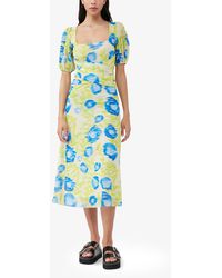 Ganni - Printed Mesh Puff Sleeve Midi Dress - Lyst