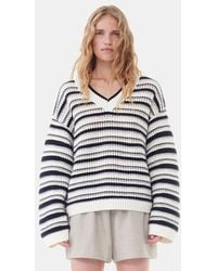 Ganni - Striped V-Neck Sweater - Lyst