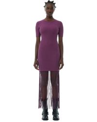 Ganni - Fiji Flower Purple Melange Knit Fringe Short Sleeve Mini Dress Size 2xs Elastane/polyamide/rayon - Lyst