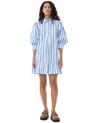 Ganni - Blue Striped Cotton Mini Shirt Dress - Lyst