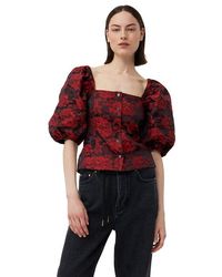 Ganni - Red Botanical Jacquard Fitted Blouse - Lyst