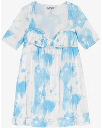 Ganni - Printed Satin Short Sleeve Mini Kleid - Lyst